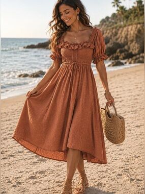 Boho Cottagecore Smocked Midi Dress Puff Sleeve Terracotta Orange Size L